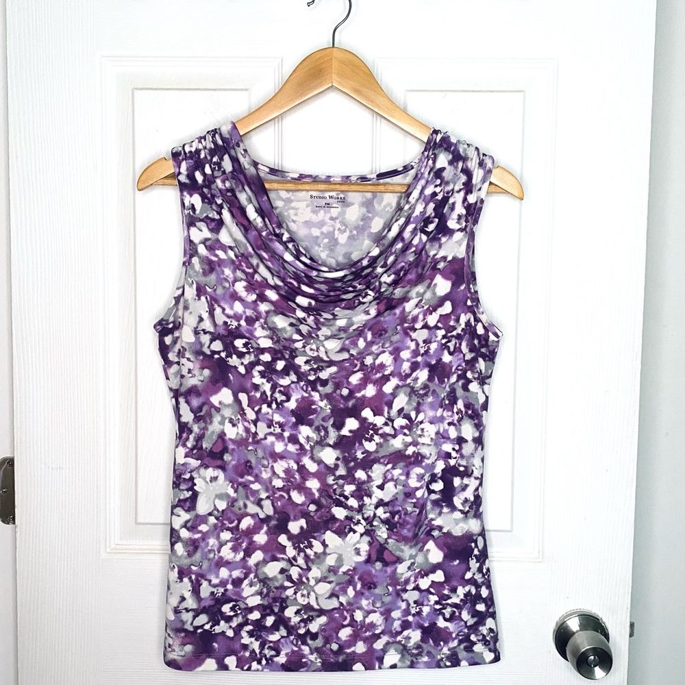 Studio Works Purple & White Watercolor Floral Cowl-Neck Sleeveless Top